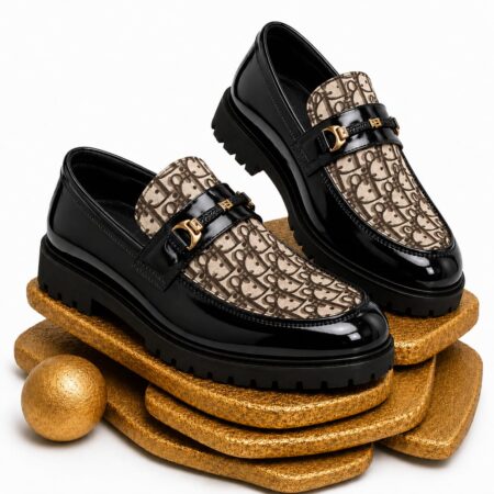 Men’s Black & Beige Patterned Loafers – Chunky Sole Formal Shoes