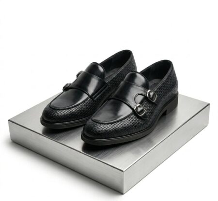 Men’s Black Double Monk Strap Loafers – Formal Dress Shoes